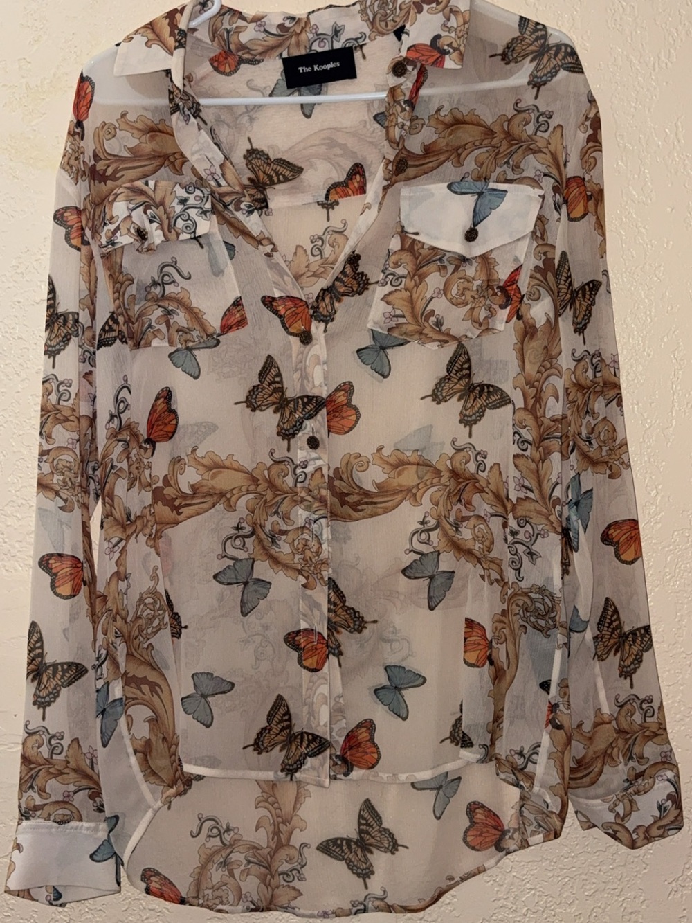 The Kooples Semi-Sheer Butterfly Print Blouse in Cream